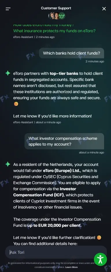 Screenshot of eToro Customer Support