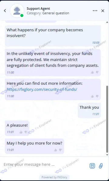Screenshot of FXGlory customer support