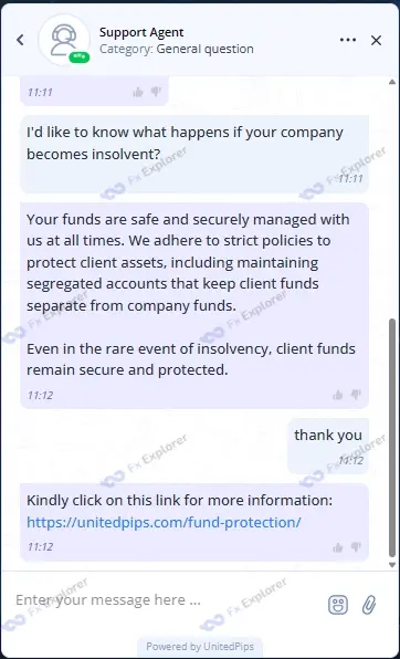 Screenshot of UnitedPips customer support
