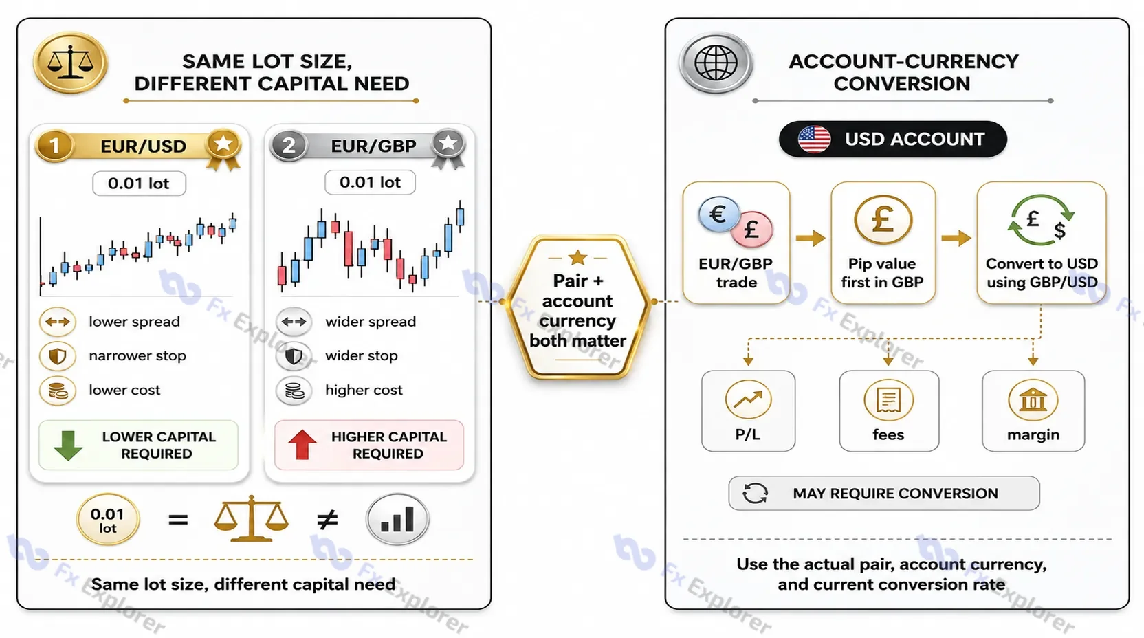 Diagram showing how currency-pair characteristics and account-currency conversion can change pip value, trading costs and the balance required for a position.