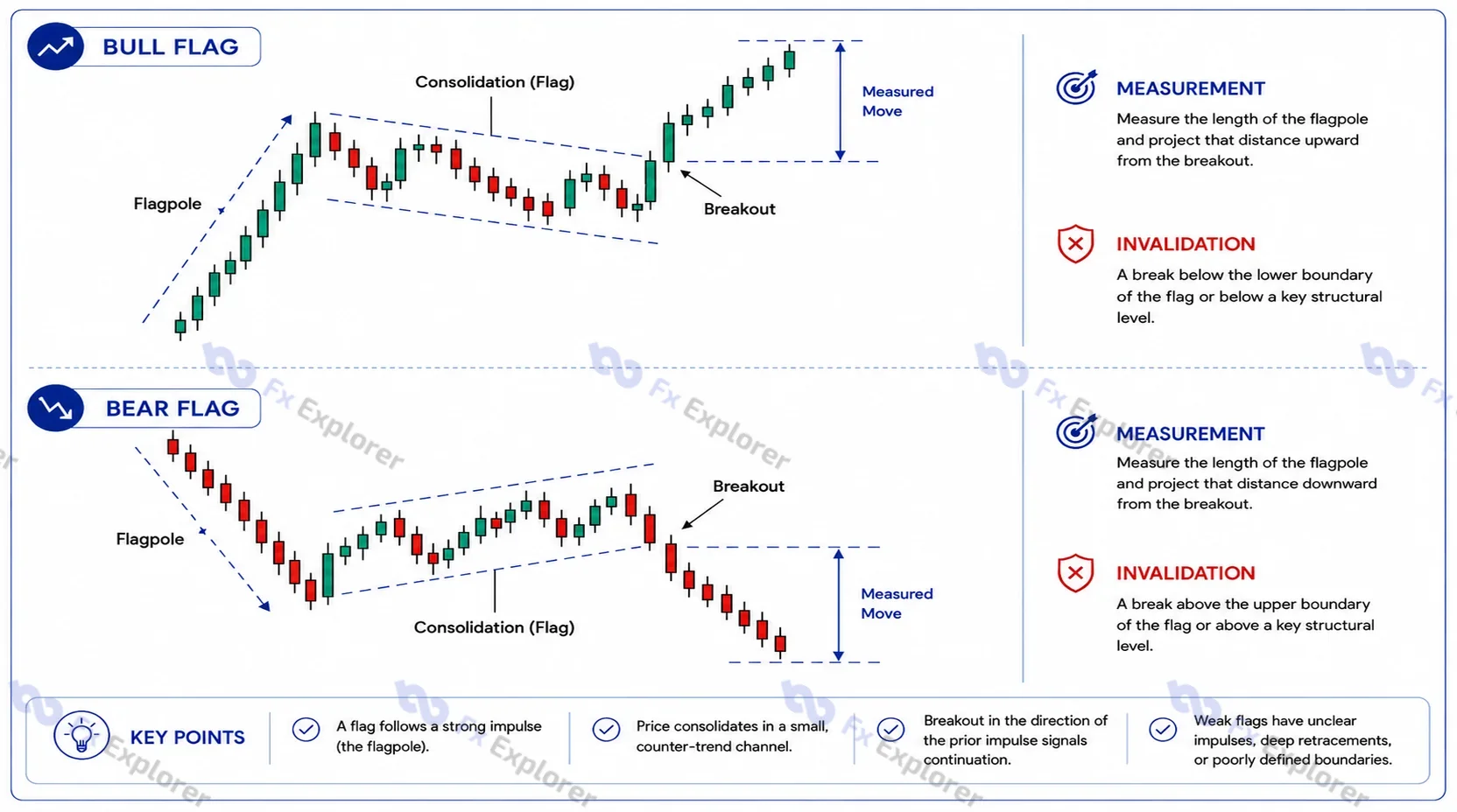 Bull flag and bear flag continuation patterns showing flagpoles, countertrend consolidations, breakouts and measured moves.