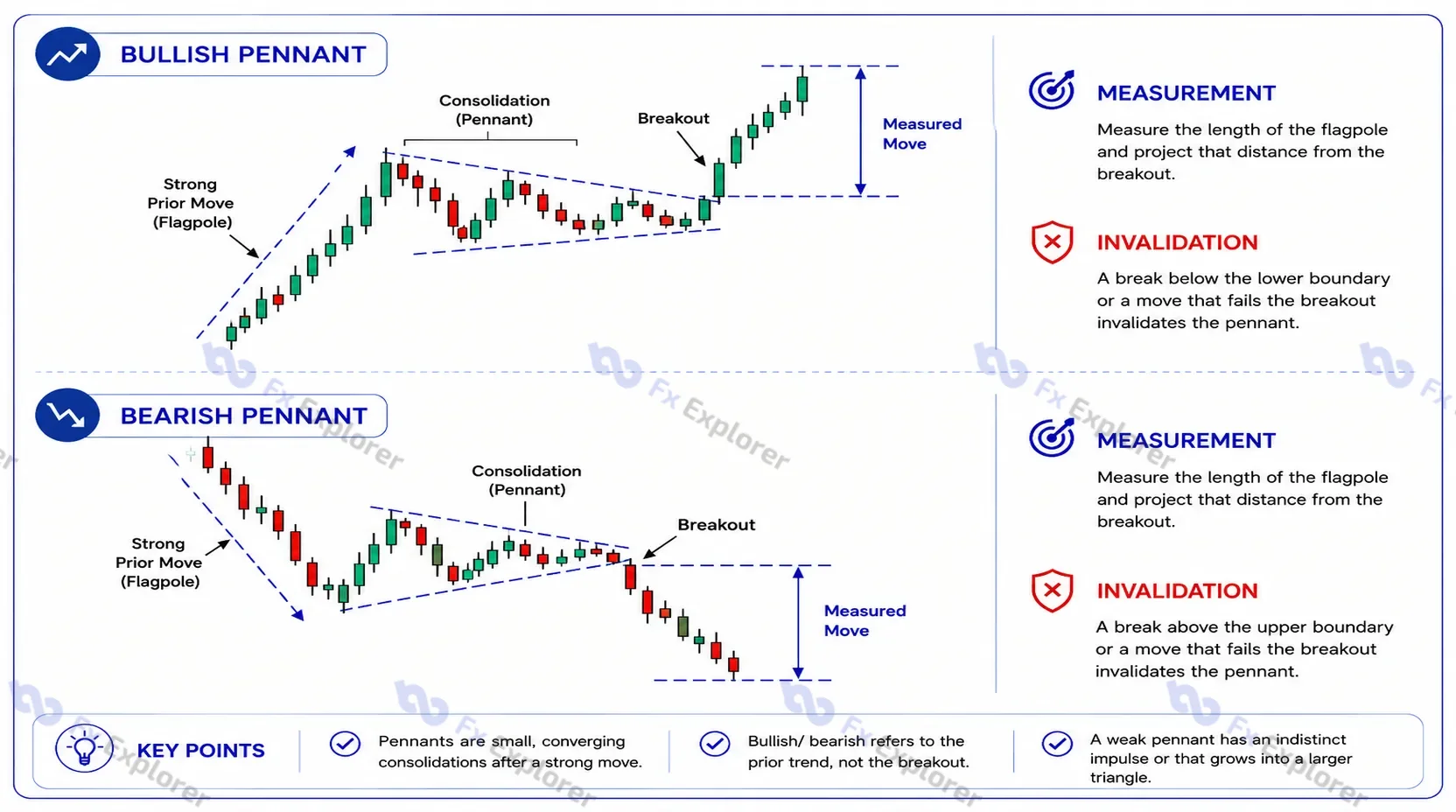 Bullish and bearish pennant patterns showing a flagpole, converging consolidation, breakout and measured move.