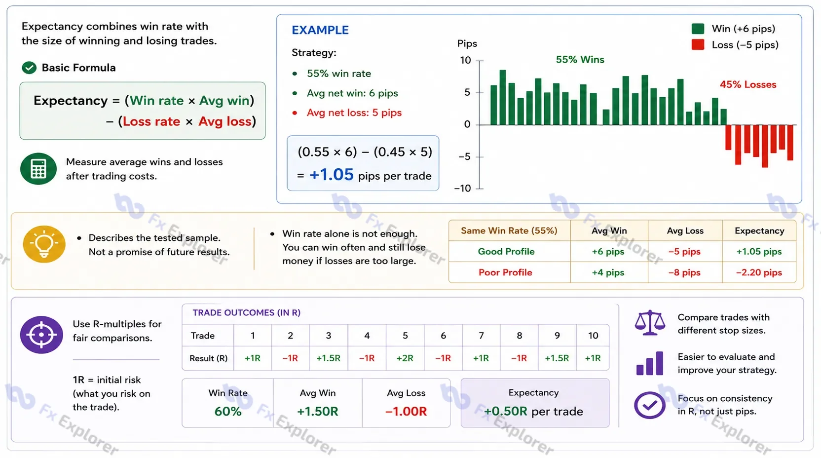 Trading expectancy infographic showing the expectancy formula, a 55% win-rate example producing plus 1.05 pips per trade, and R-multiples for comparing trades by risk.