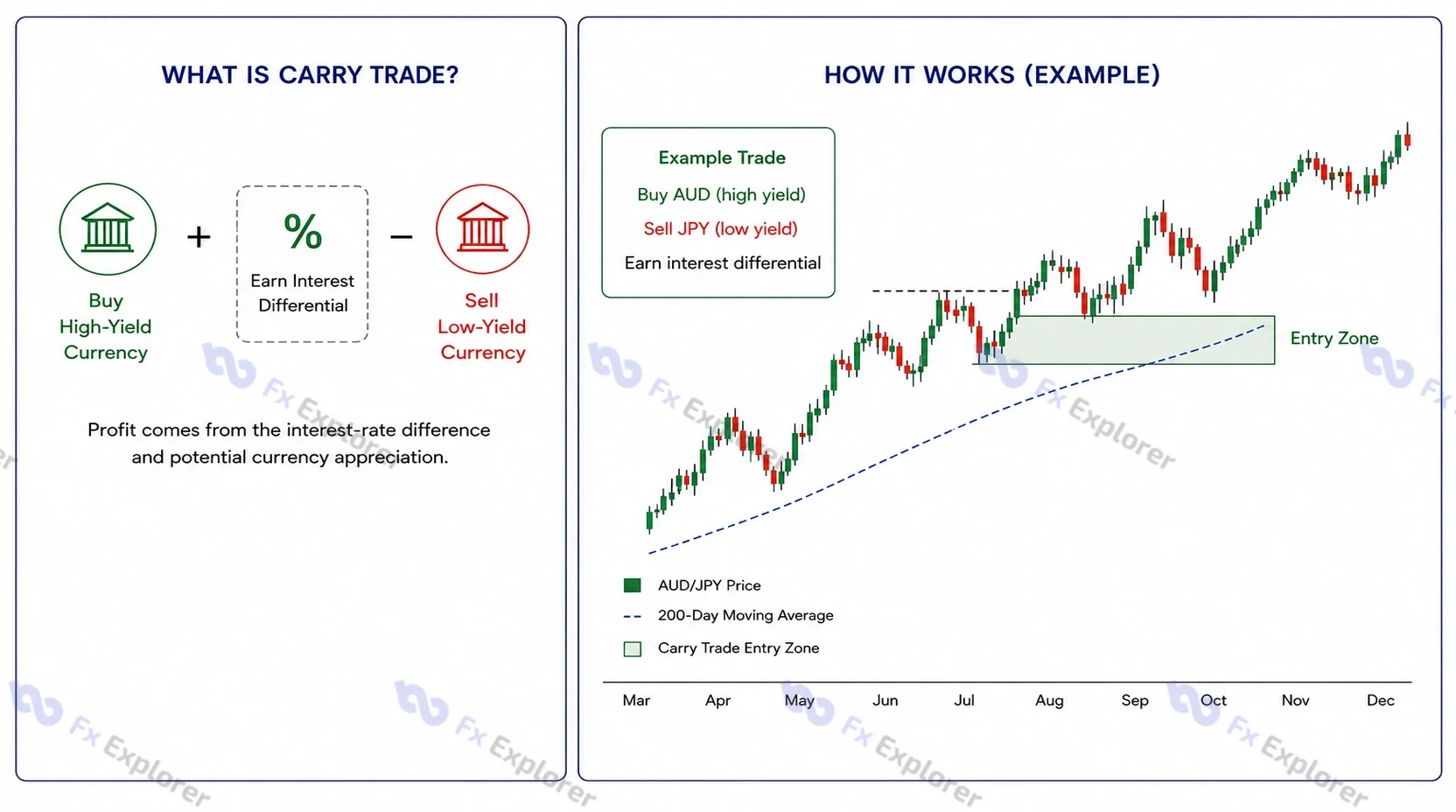 Carry trade forex diagram showing buying a high-yield currency, selling a low-yield currency and an AUD/JPY trend example with an entry zone.