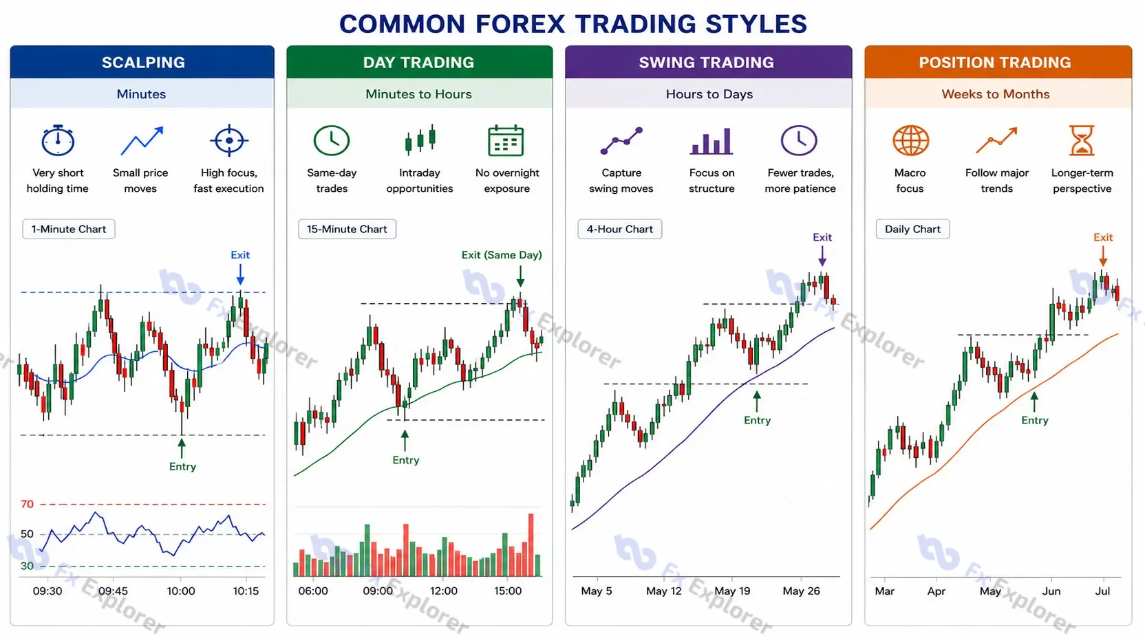 Four-column forex trading styles comparison showing scalping, day trading, swing trading and position trading with timeframes and chart examples.