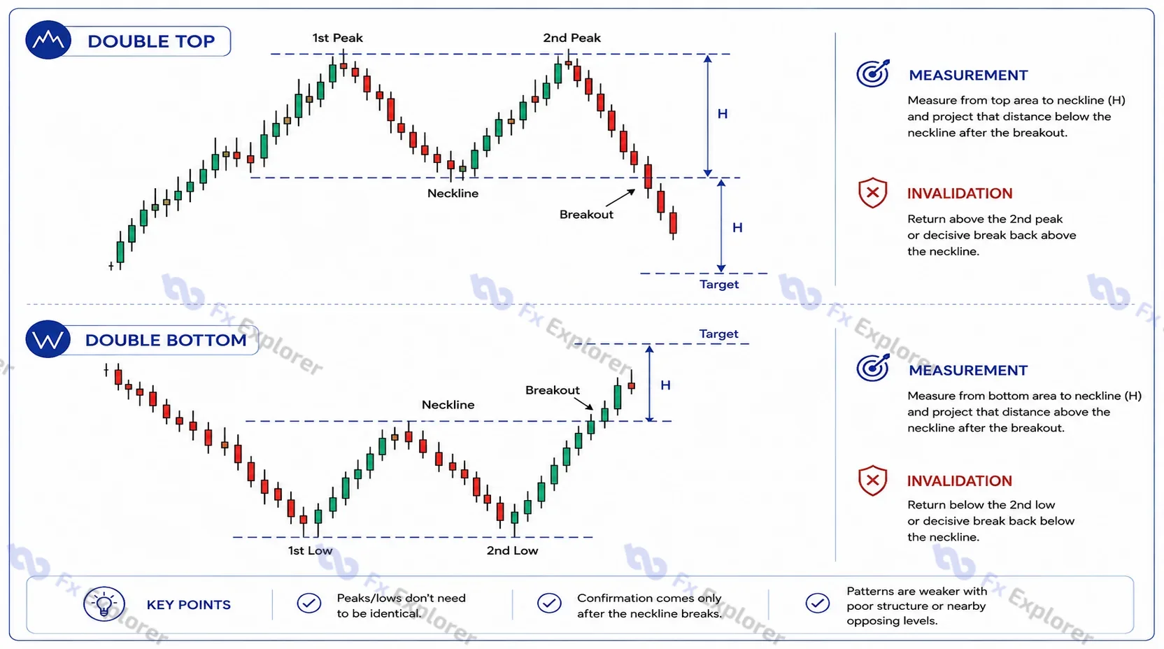 Double top and double bottom forex chart patterns with neckline breaks, measured moves and invalidation areas.