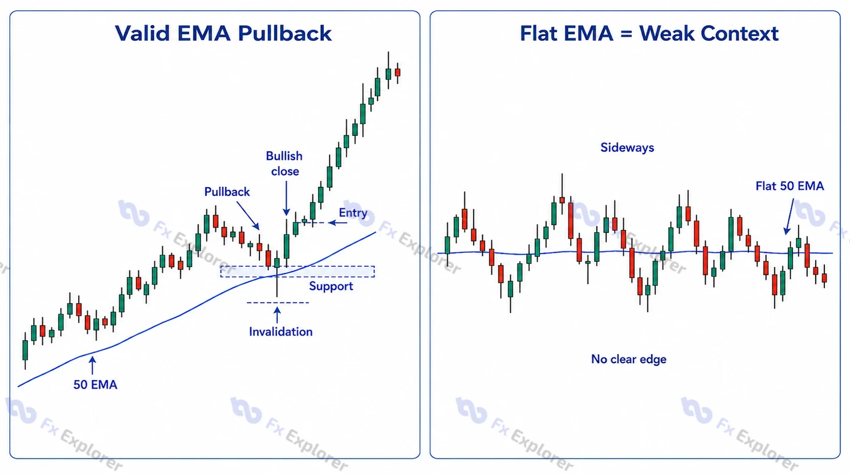Comparison of a valid EMA pullback in a bullish trend with a sideways market where price repeatedly crosses a flat 50-period EMA.