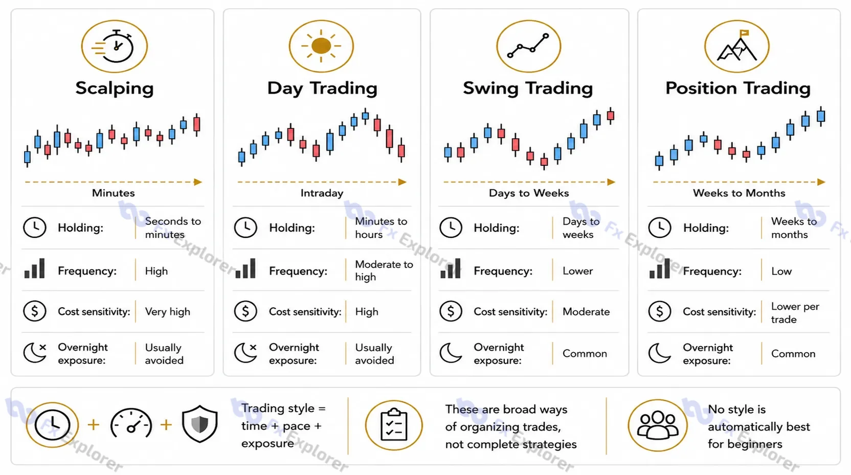 Comparison of scalping, day trading, swing trading and position trading by holding period, trading frequency, cost sensitivity and overnight exposure.