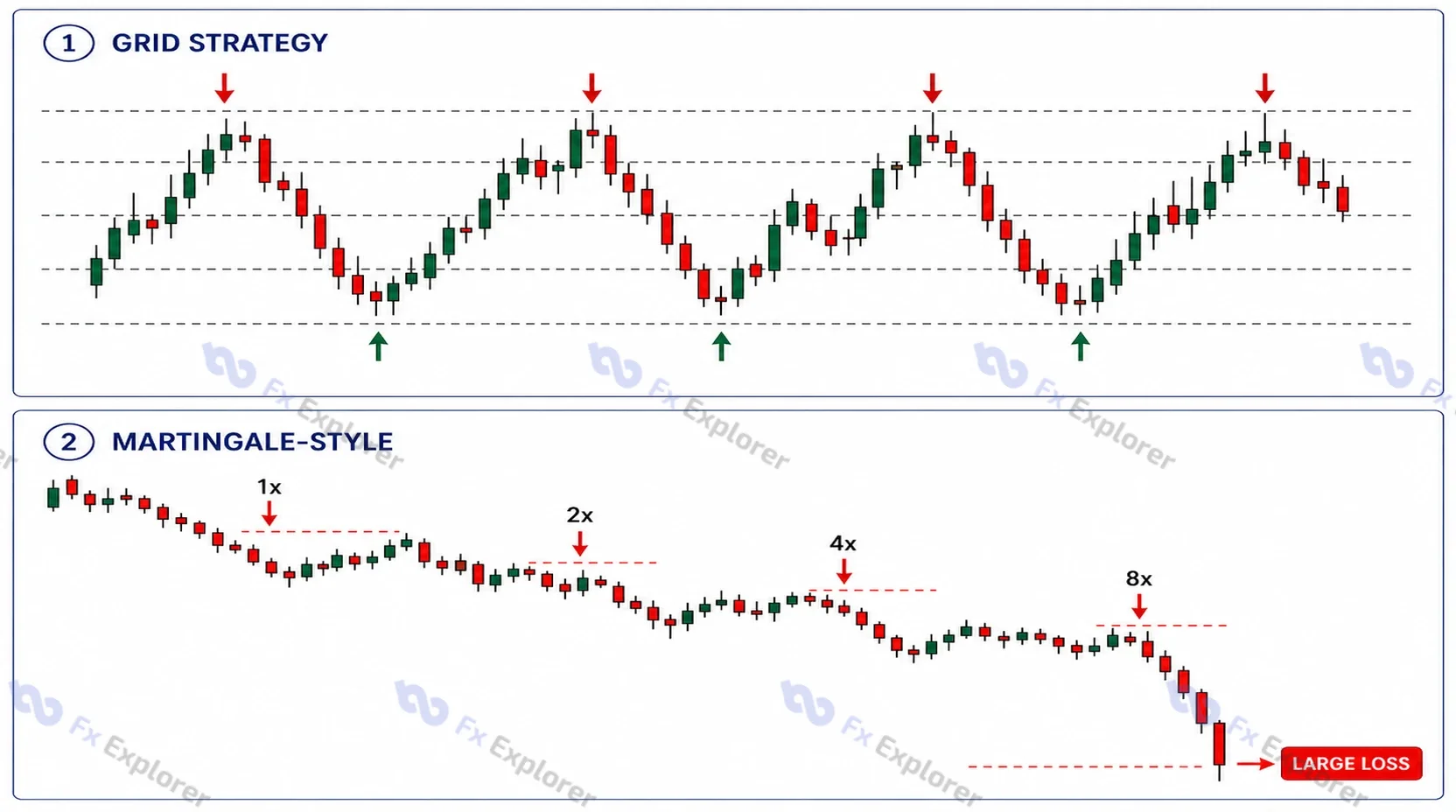 Forex chart comparison showing a grid strategy in a range and a martingale-style sequence with increasing position sizes during a losing downtrend.