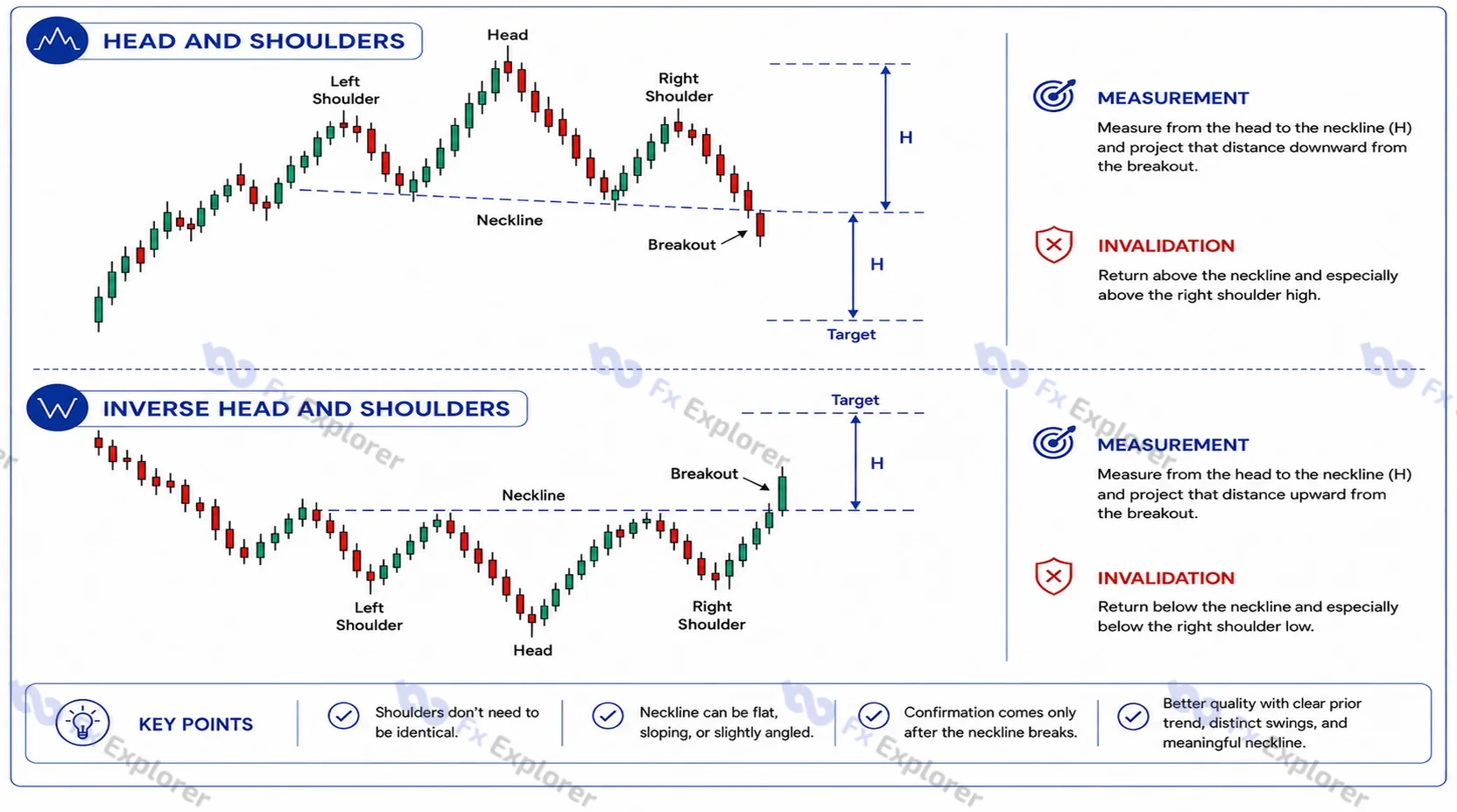 Head and shoulders and inverse head and shoulders forex patterns with neckline breaks and measured target projections.
