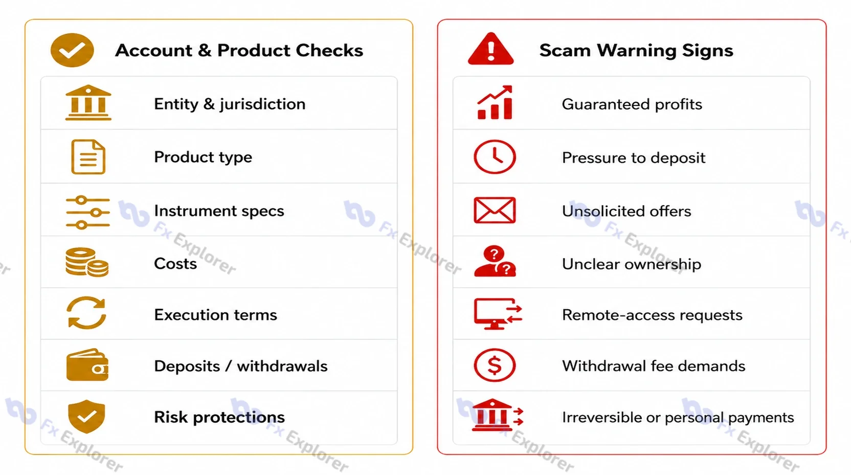 Two-column checklist comparing forex account and product checks with scam warning signs such as guaranteed profits, deposit pressure, unclear ownership and withdrawal-fee demands.