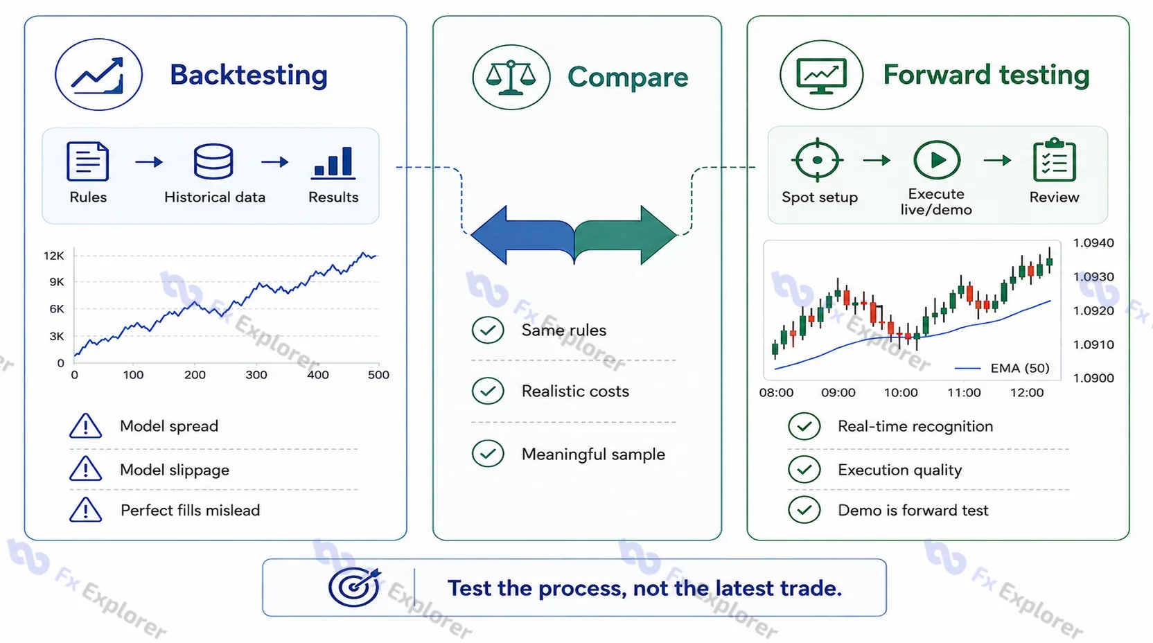 Workflow comparing forex scalping backtesting with forward and demo testing, including historical rules, realistic costs, meaningful samples and live execution review.