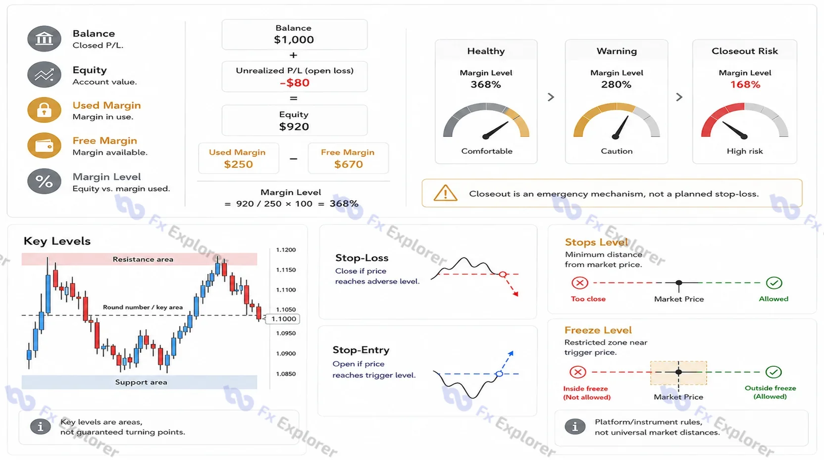 Forex account diagram showing balance, equity, used margin, free margin and margin level, alongside key price areas, stop-loss, stop-entry, stops level and freeze level.