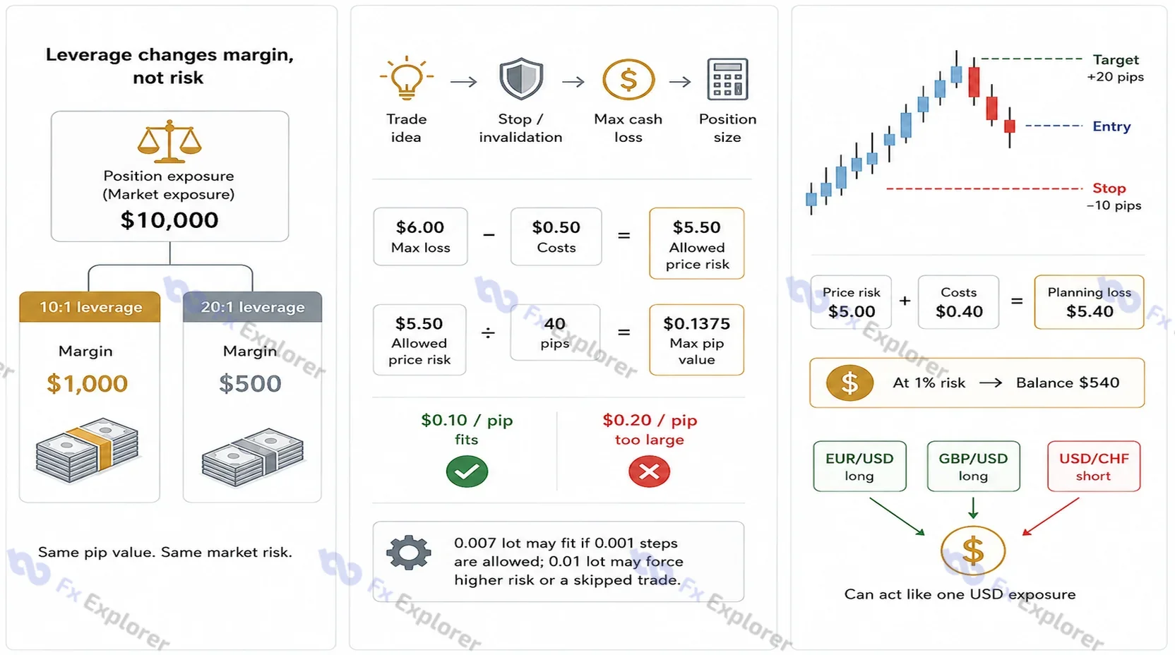 Infographic showing how leverage changes margin but not market exposure, how position size is calculated after the stop, and how planning loss and correlated positions affect total risk.
