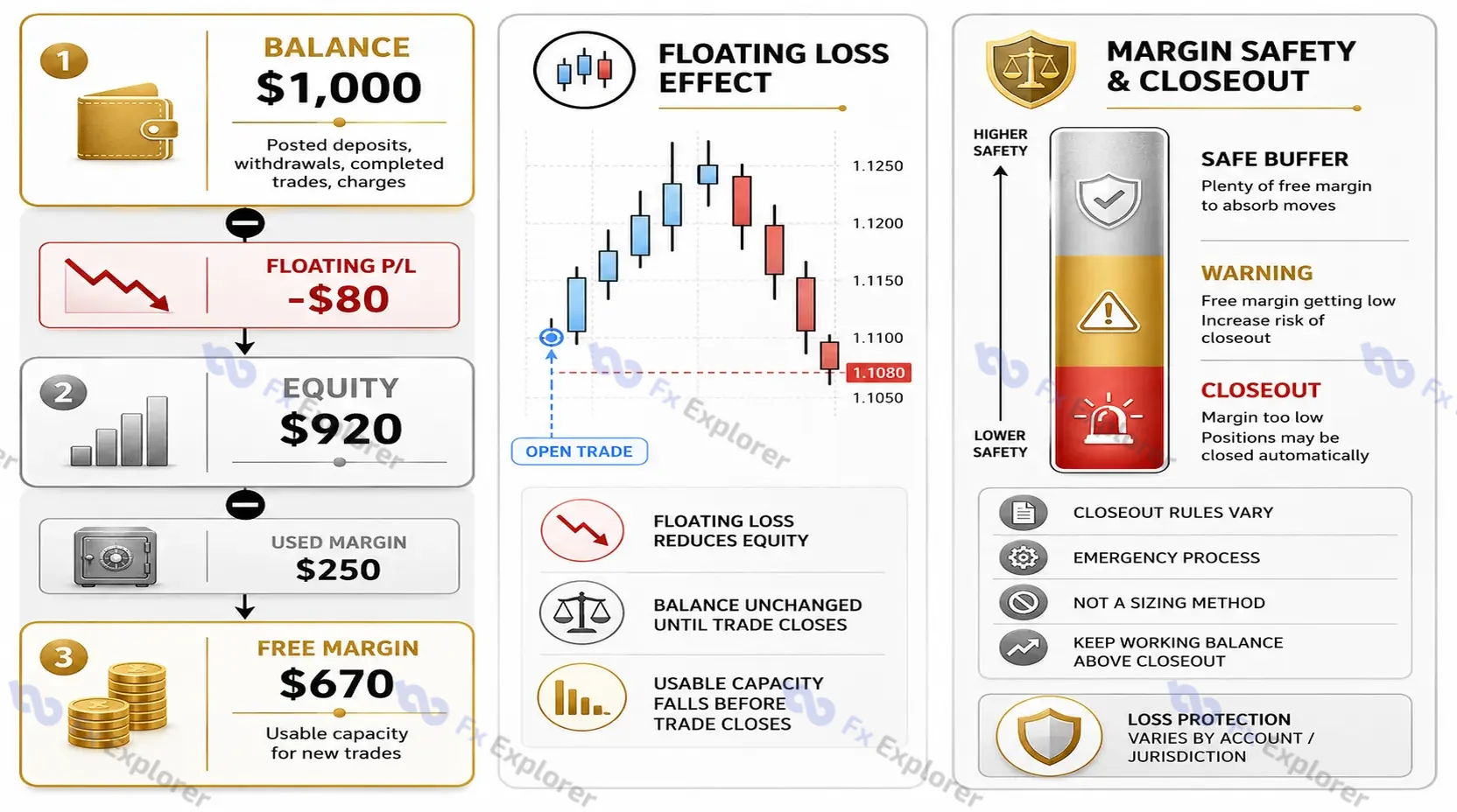 Account diagram showing how floating loss changes equity and free margin, together with the relationship between used margin, closeout thresholds and loss protection.