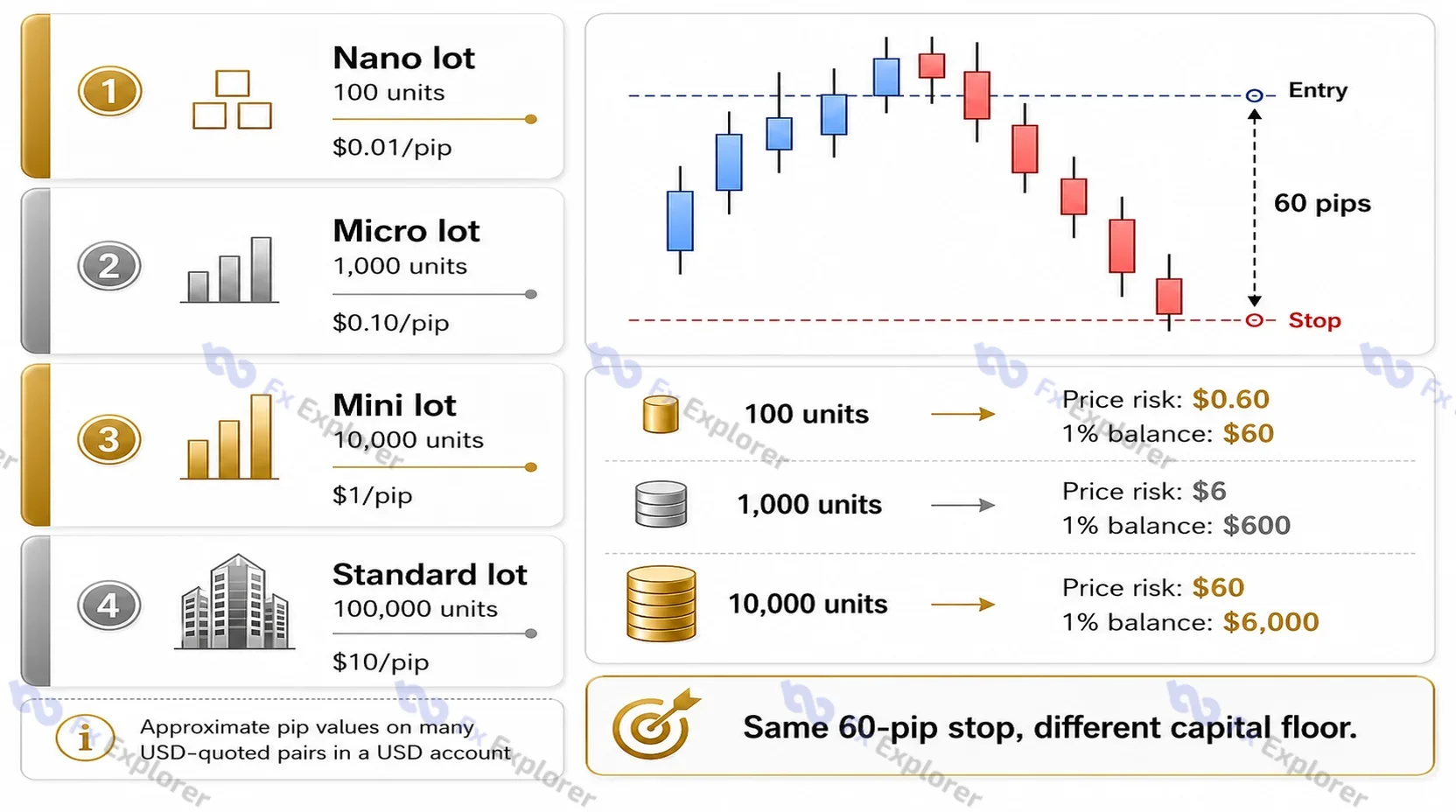 Comparison showing how different minimum forex position sizes change pip value, planning loss and the minimum balance needed at the same risk limit.