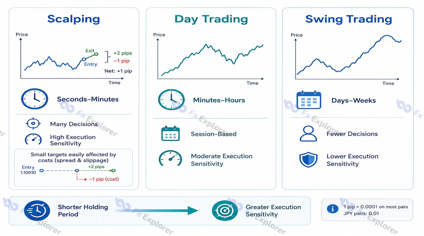 Comparison of scalping, day trading and swing trading showing shorter holding periods, higher decision frequency and greater execution sensitivity in scalping.