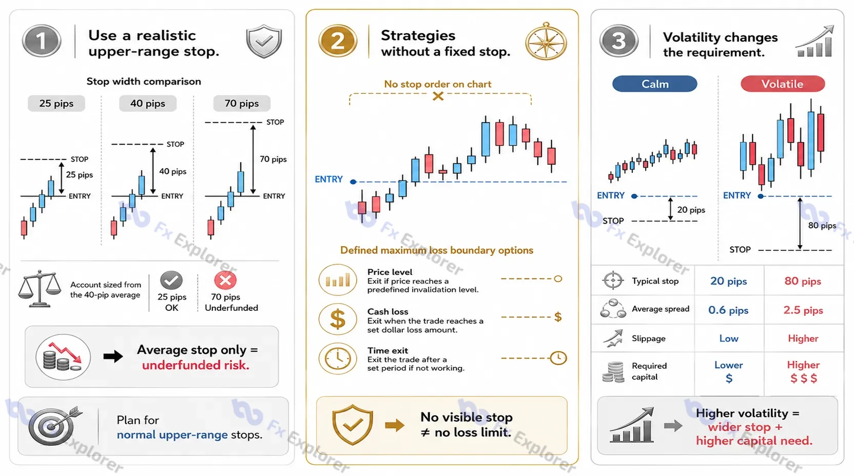 Visual comparing realistic stop ranges, strategies without fixed stop orders and higher-volatility conditions when estimating required trading capital.