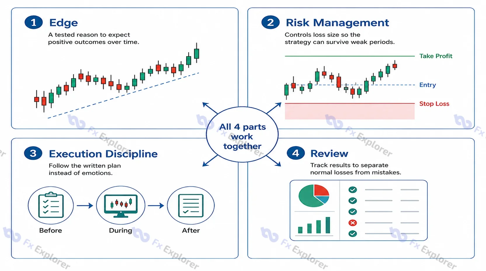 Four-panel forex strategy diagram showing edge, risk management, execution discipline and review working together.