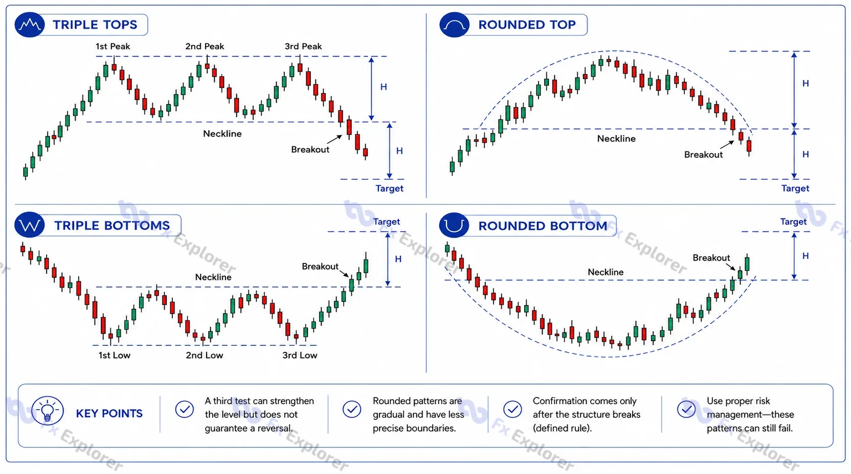 Triple top, triple bottom, rounded top and rounded bottom reversal patterns with neckline breaks and target projections.