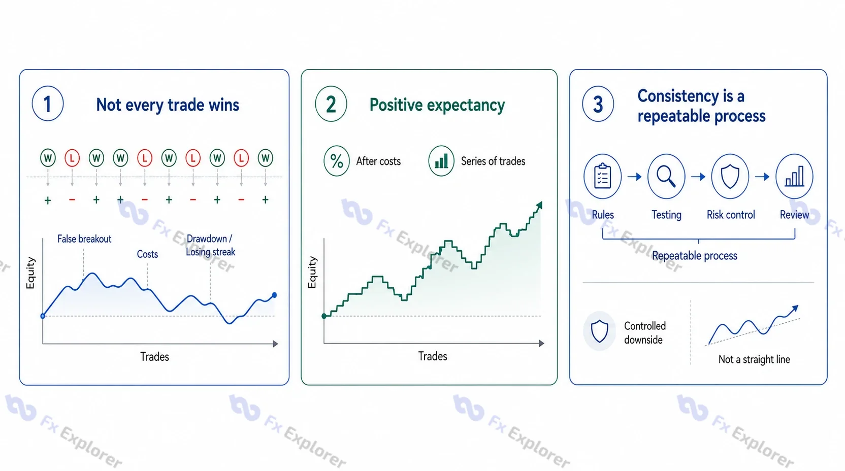 Forex equity examples showing that consistent profits include wins, losses, drawdowns, costs and a repeatable trading process.