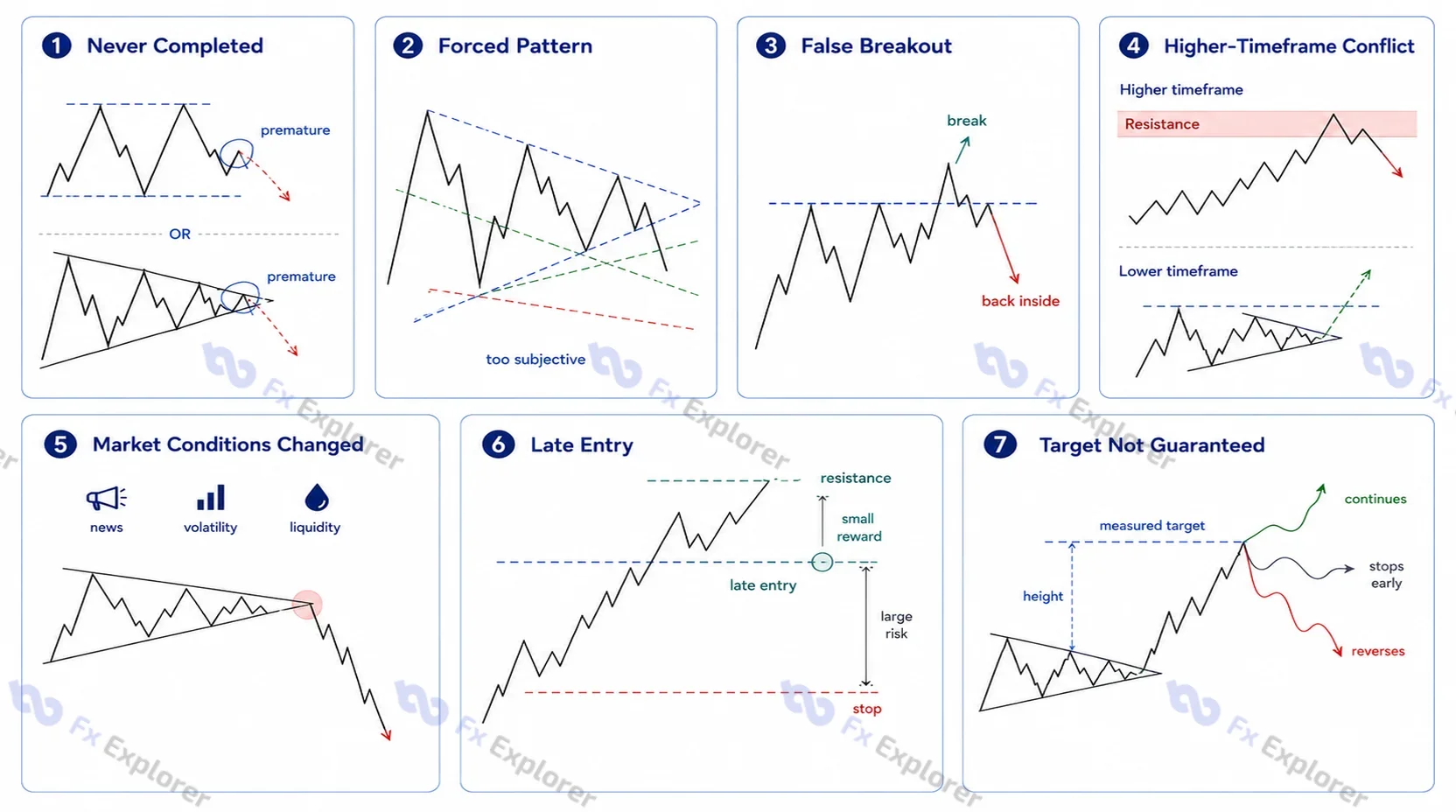 Line-chart panels showing common chart-pattern failures including incomplete patterns, forced patterns, false breakouts and late entries.