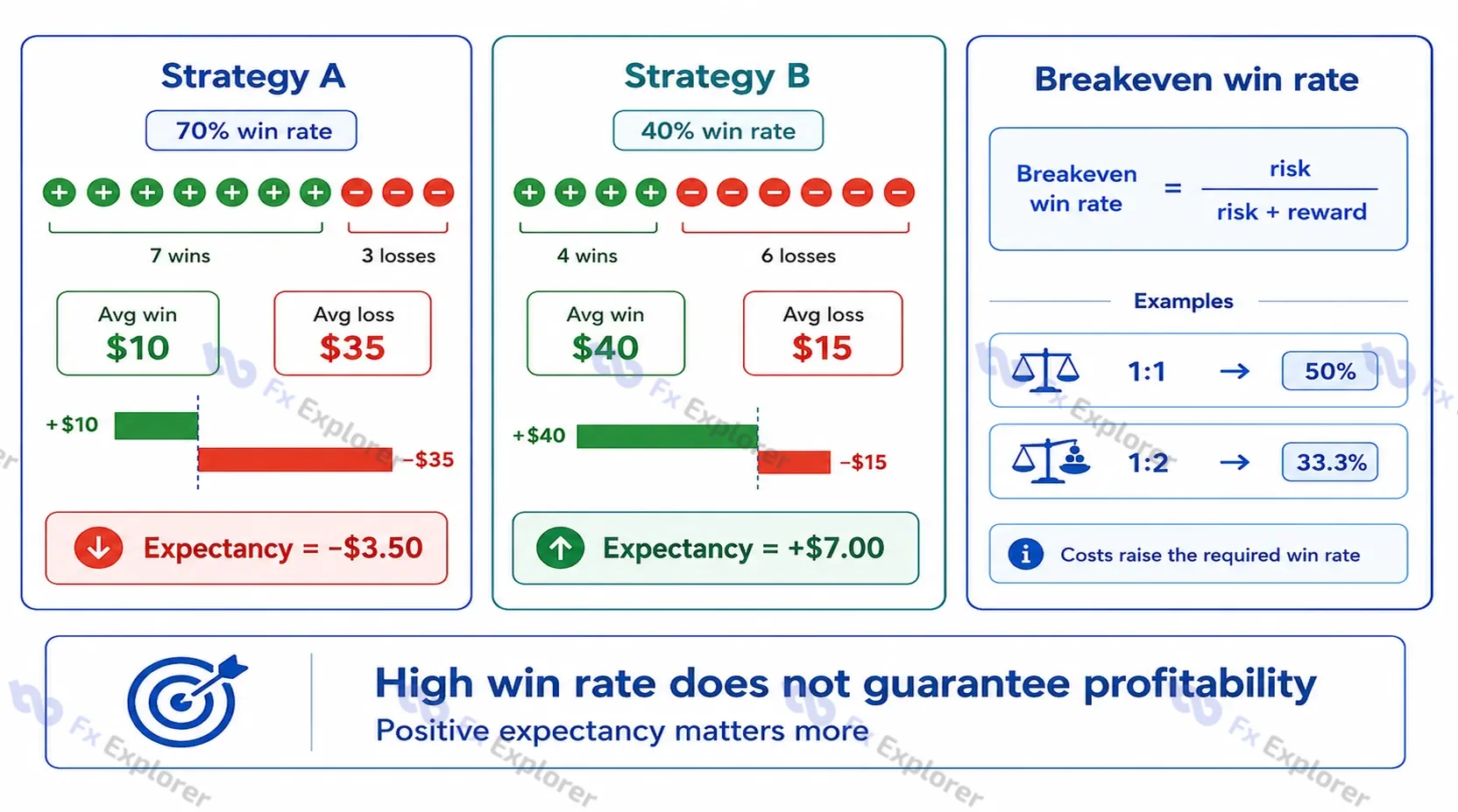 Forex strategy comparison showing a high win-rate system with negative expectancy and a lower win-rate system with positive expectancy.